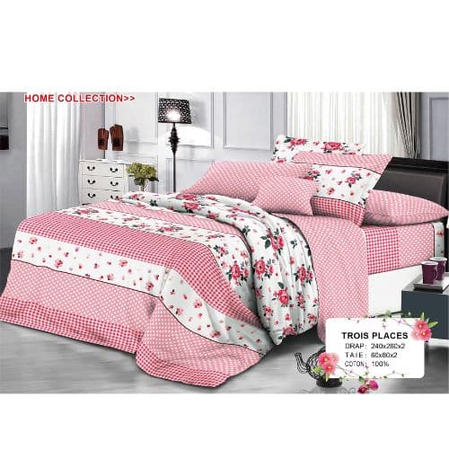 Ensemble de Drap +Taie, Trois Places avec Motif Fleuris et Douceur 100% Coton
